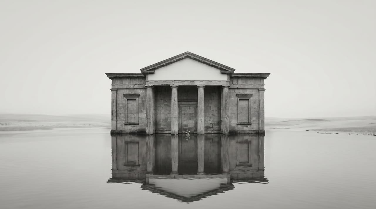 Wide black-and-white photograph of a small stone neoclassical temple standing alone in a still expanse of floodwater. The building is mirrored in its reflection on the water. Pale dunes line the horizon in the distance. The institution is intact; the conditions around it have changed.